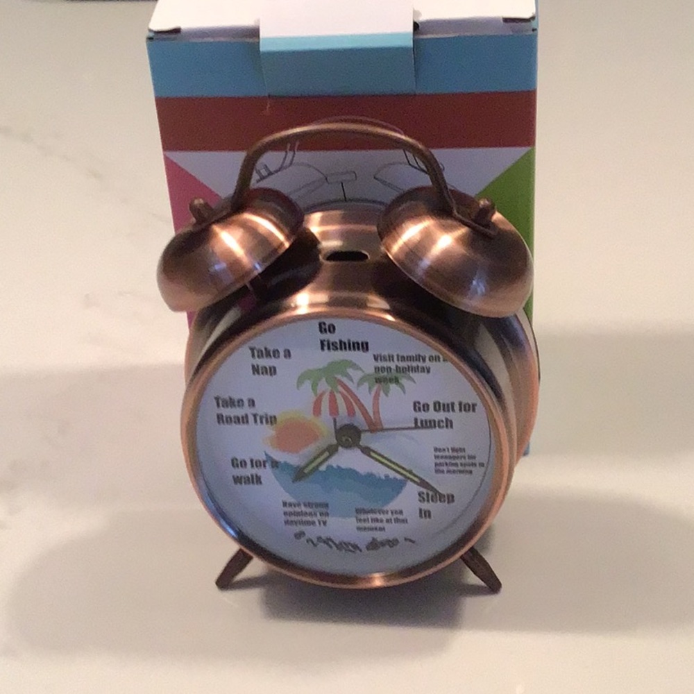 Copper Finish Alarm Clock with Fun Dial with relaxation phrases